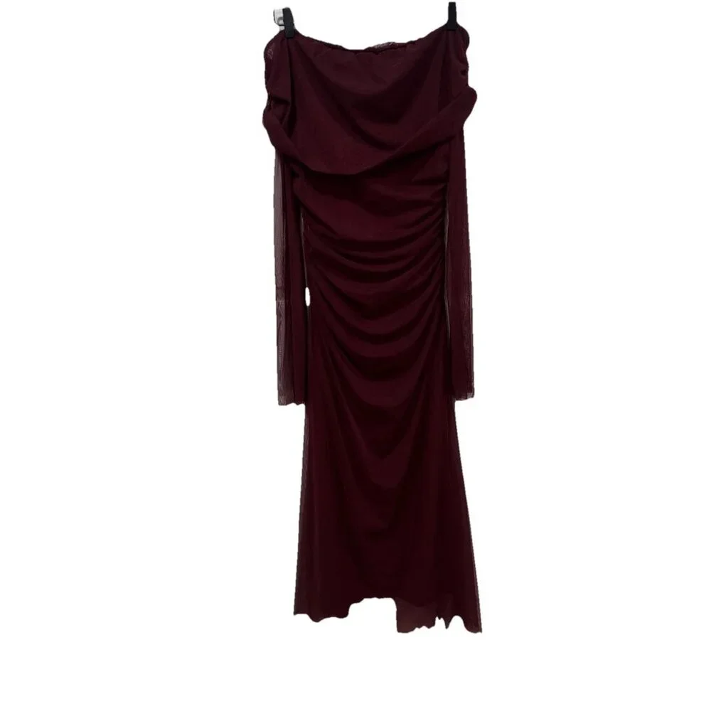 Women’s Wedding Formal Brunch Burgundy Long Dress Size Medium M Ruched Unbranded